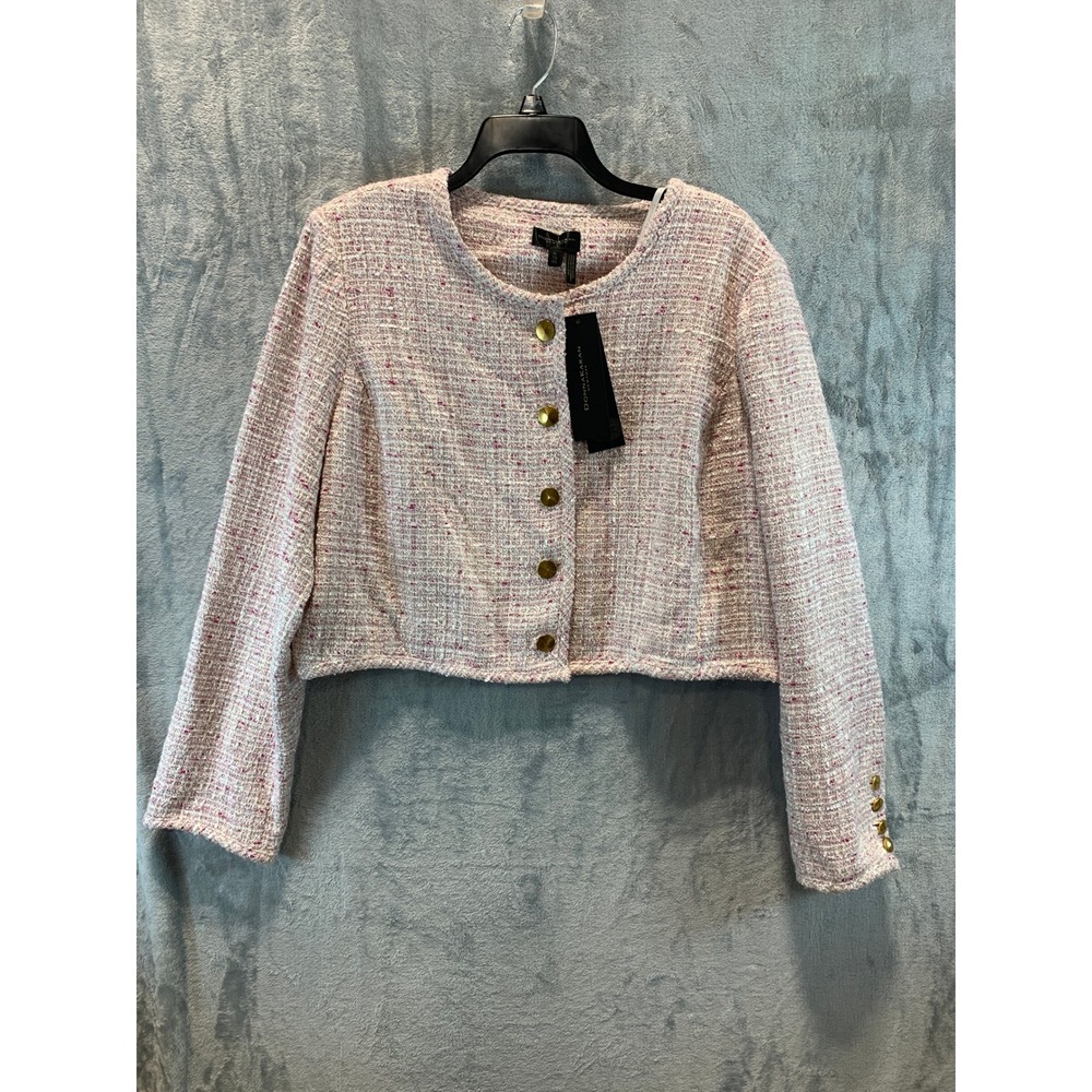 Donna Karan New York Pink White Tweed Cropped Jacket Gold Buttons XL NWT Preppy